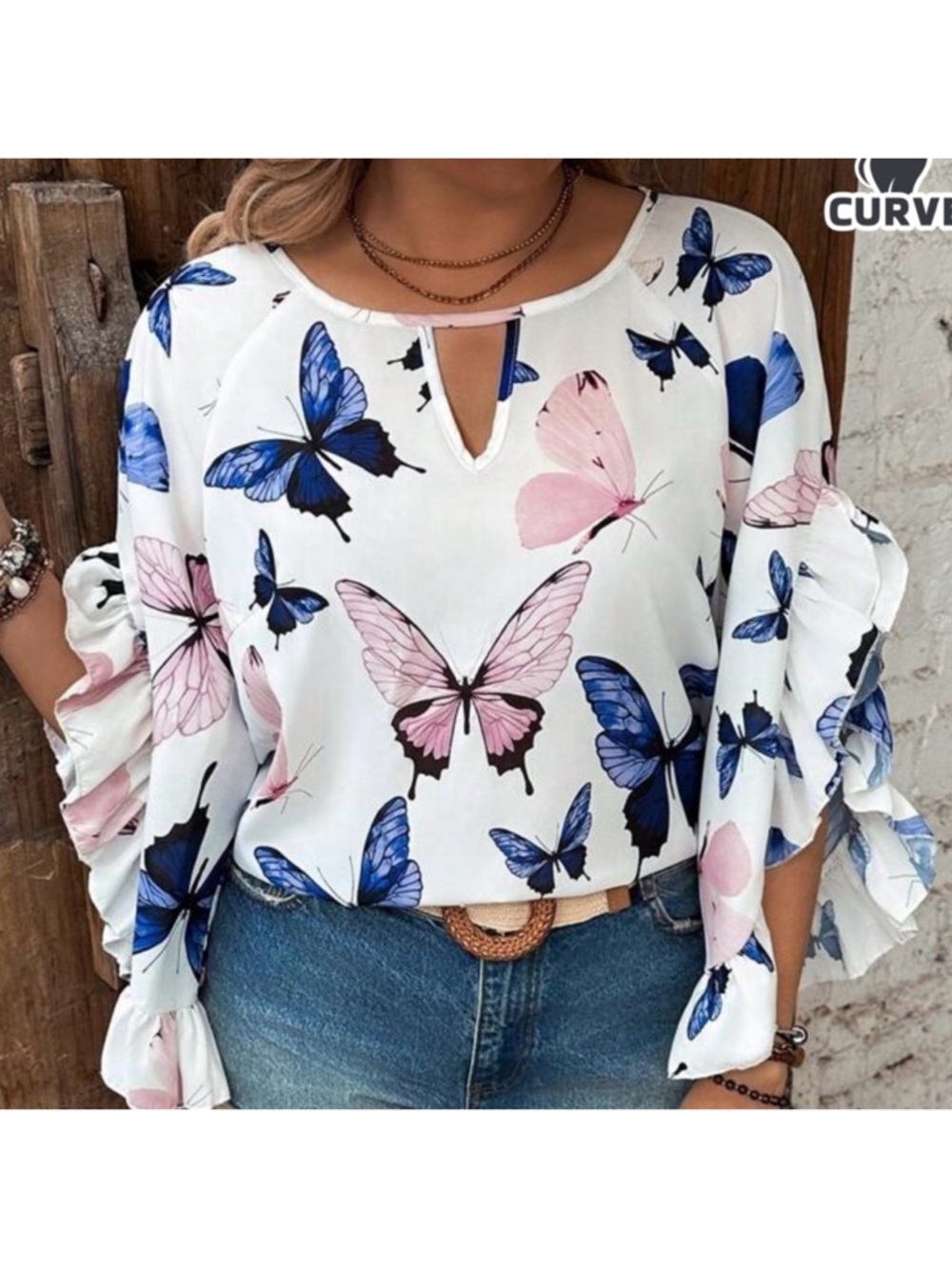 Women's White Butterfly Print Blouse with Pink & Blue Accents